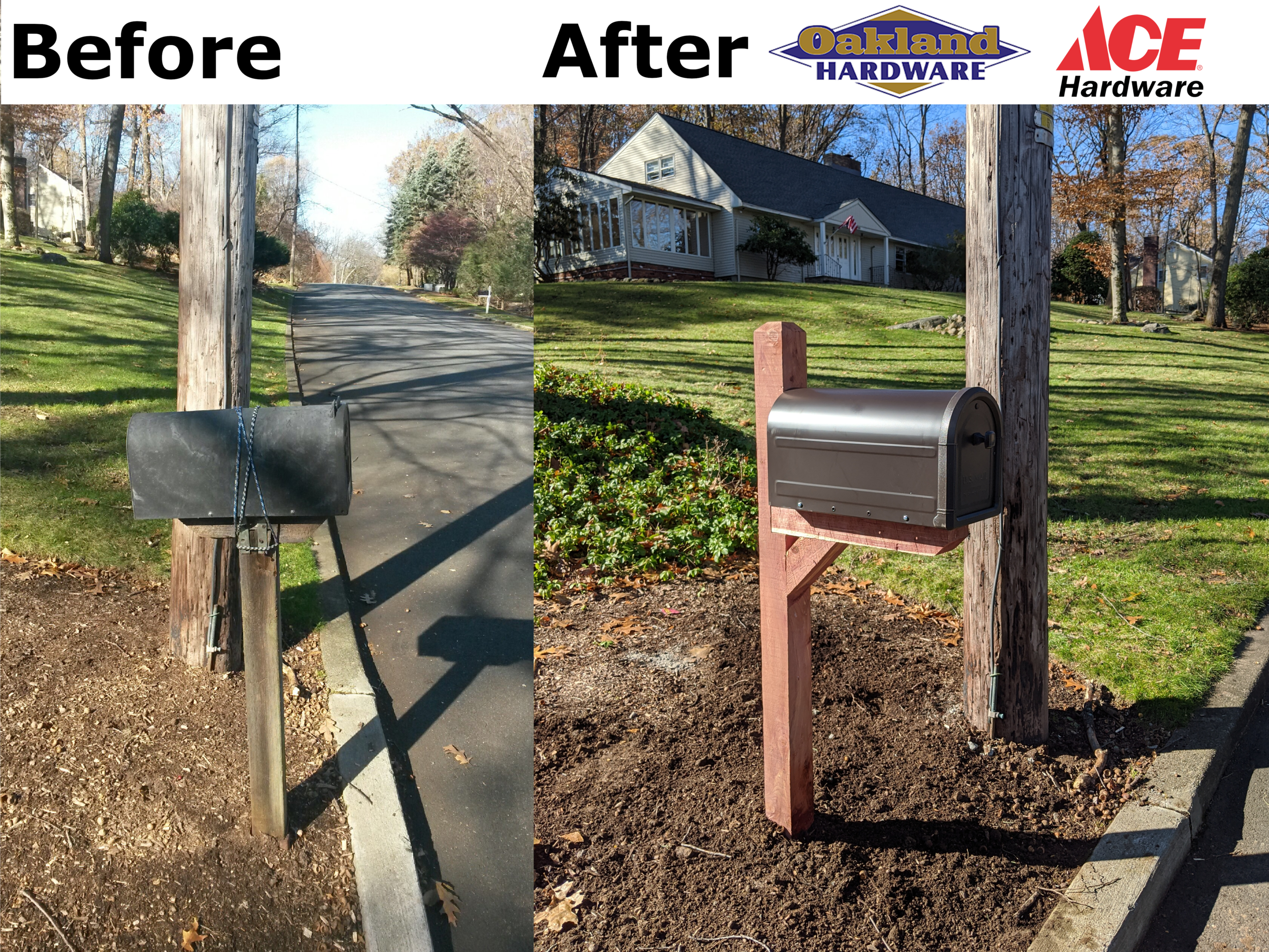 Before and After images of a dilapidated mailbox falling off it's post, and the new mailbox replaced with new post.